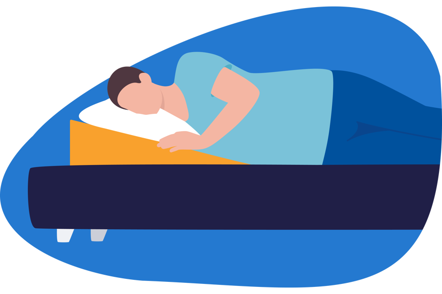 Ilustração de uma pessoa deitada na cama de lado, com a almofada anti-refluxo embaixo da almofada normal.